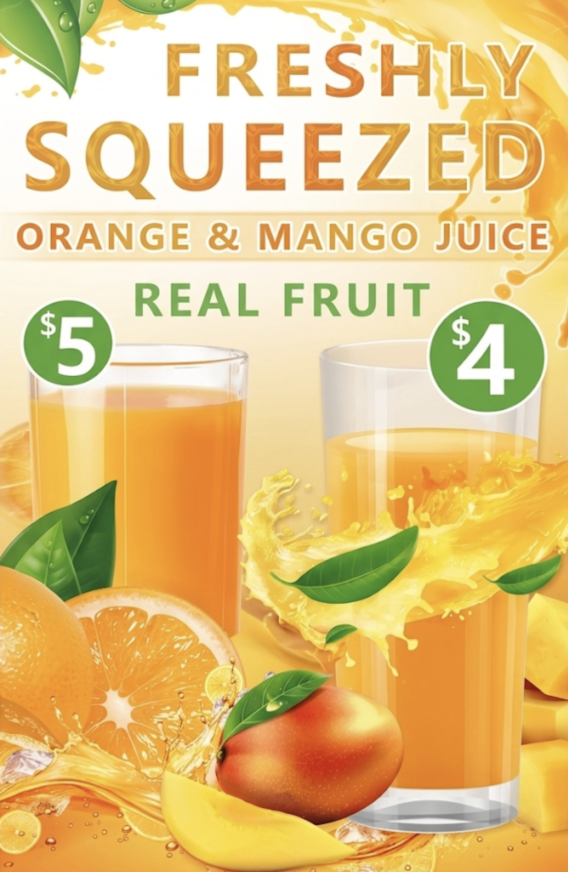 Freshly squeezed orange and mango juice — made with real fruit