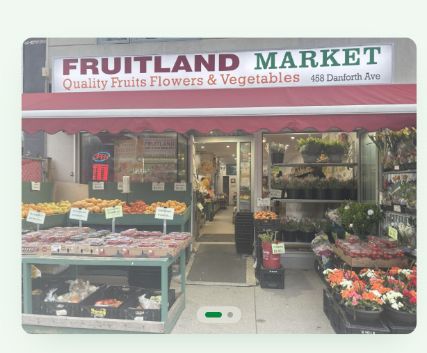 Fruitland Market awning and produce display at 458 Danforth Ave